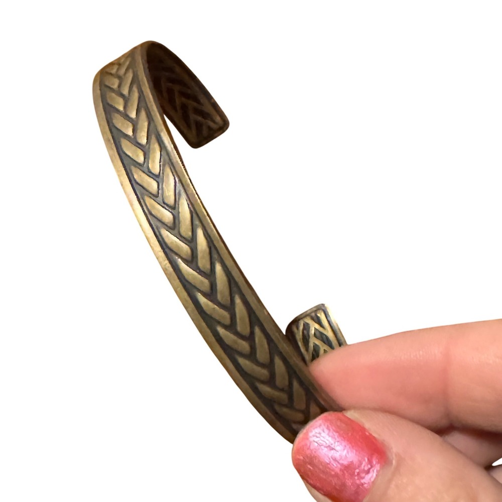 Vintage Brass Wheat Pattern Cuff Bracelet Antiqued Bronze Boho Chevron Bangle